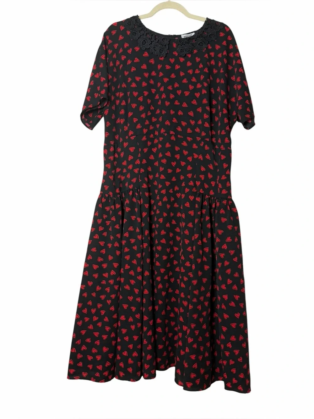 Unique Vintage Margie 1940s Heart Print Midi Dress Black Red Lace Collar 2X - Picture 4 of 9